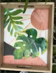 16”x13” Acrylic Painted Boho Foliage Mountain Scene Wood Tray Resin Coated