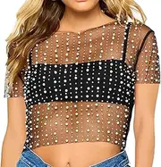 [Generic] Women Pearl Rhinestone Sheer Mesh Crop Tee Top Sexy See Through Short Sleeve Slim Fit Crop T-Shirt Club Summer