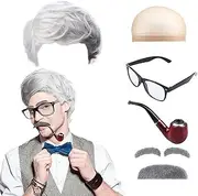 7PCS Old Man Wig Kit Grandpa Costume Accessories, Including Old Man Wig,Wig Cap,Glasses,Fake Beard,Faux Eyebrows, Old Mens Wig for 100 Days of School Grandpa Wig for Halloween Cosplay Party Wig