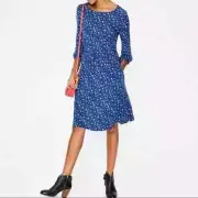 BODEN Talia Lapis Blue Floral Star Print Drawstring Waist Jersey Knit Dress 10 R