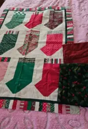 Unfinished Christmas Stocking Patchwork Quilt Top 49" X 33" Plus 2 Extra Fabrics