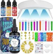 [FUEAST] UV Resin Kit with Light, 200g Ultraviolet Fast Curing UV Epoxy Resin Set with UV Light Crystal Hard Type Resin Glue Jewelry Making Supplies Starter Tools for Adult DIY Craft Molds Necklace Pendant
