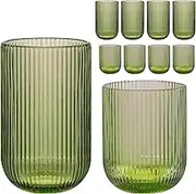 WeirdUncle Set of 8 Ribbed Glassware,4 Highball Glasses 14oz & 4 Rocks Drinking Glasses 9oz, Green, Origami Style, Fluted Design, for Milk, Water, Cocktail, Juice, Beer, ToothBrush Cup, Gift