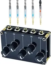 multiple input mix 4 way 1/8" inch in 1 out stereo passive mixer headphone sound audio speaker splitter selector switcher 3.5mm udio switch box aux loop volume knob control 3.5 mm mixing Sharing