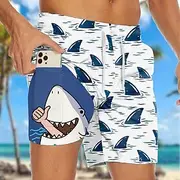 Men's Shark Funny Sea Creatures Lined Shorts 2 in 1 Board Shorts Swim Shorts Mid Waist Hawaiian Vacation Beach Wear Side Pockets With Compression Liner Elastic