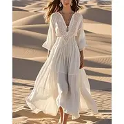 Women's Midi Dress White Dress Boho Dress Western Dress Fashion Modern Outdoor Holiday Weekend Regular Fit Plain Long Sleeve V Neck White Summer