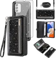 [Asuwish] Phone Case for Samsung Galaxy A14/M14 5G Zipper Wallet Detachable Cell Cover with Tempered Glass Screen Protector Crossbody Strap Bling Glitter Flip Card Holder A 14 4G 14A 14M G5 Women Black