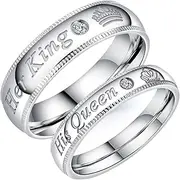 [Fashion Ahead] 2pcs Silver Matching Couple Wedding Rings Set His Queen Her King Stainless Steel Engagement Promise Ring Anniversary Band Couple Jewelry Gifts