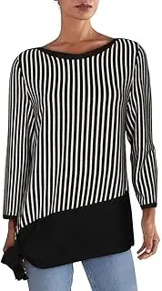 [Anne Klein] Women's Striped Asymmetrical Ribbed Pullover, Anne Black/Anne White