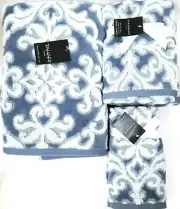TAHARI DENIM BLUE & WHITE SWIRL PATTERN COTTON BATH,2 HAND TOWEL,OR 2 FINGERTIP