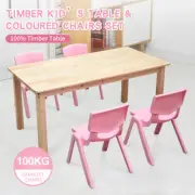 120x60cm Wooden Pinewood Timber Kids Study Table & 4 Pink Plastic Chairs Set