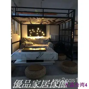 ✨品質保證✨【免運】工業風鐵藝雙人帶樓梯架高床架/ 北歐加厚鐵管鐵方管架雙人高床架/高架床架組五尺床 鐵架床 單人雙人床