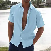 Men's Shirt Linen Shirt Summer Shirt Beach Wear Stripe Vacation Casual Black White Blue Gray Short Sleeve Lapel Summer Spring Summer Clothing Apparel