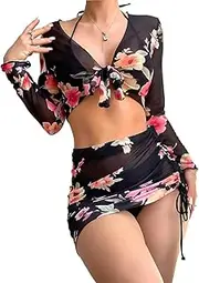 [AutoWT] Women's 4 Piece Bikini Sets, Allover Print Knot Front Triangle Bikini Swimsuit, Sexy Triangle Tie Dye Tie Back Bathing Suit with Removable Strap Wrap Pad Tie Side Thong Cover Up