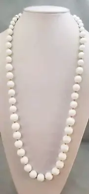 Long White Graduated Lucite Beaded JAPAN Gold Tone Metal 30.5" Vintage Necklace