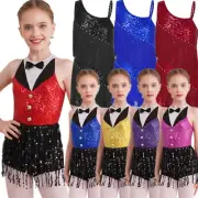Girls Sequin Tassel Tango Latin Dance Dress Salsa Ballroom Leotard Party Costume