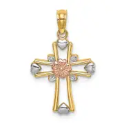 14K Two-Tone W/White Rhodium Cross W/Flower And Heart Charm