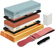 Dual Knife Sharpening Stone Set with Water Whetstone Sharpener Include Non-Slip Bamboo Base, Angle Guide, Flattening Stone, and Leather Strop - 2 Side Grit 400/1000/3000/8000 Whetstones for Kitchen