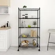 5-Tier Mobile Storage Shelf with Adjustable Wire Shelves, 75x35x155 cm, Black, 250 kg Capacity, Ideal for Home & Commercial Use, Kitchen, Garage