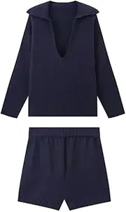 [Zadaos] Women'S Lapel Long Sleeve Pullover Knitted Elastic Waist Shorts Set Slim Casual Warm Suit