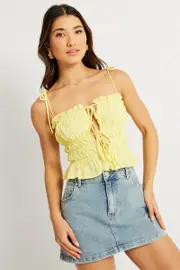 Yellow Cami Top Sleeveless Tie Front Textured - Size 16, Women's Cami