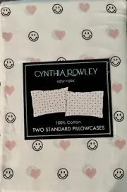 Cynthia Rowley Set of 2 Standard Size Pillowcases Pink Hearts & Smiley Faces New
