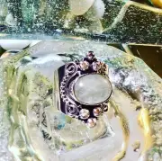 Genuine 925 Sterling Silver Aquamarine & Cubic Zirconia Adjustable Ring Size 9