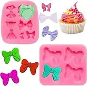 NILLOS Bowknot Fondant Mold, 2 PCS Bows Cartoon Silicone Mold for Dessert, Ice Cube, Chocolate, Cake Decorating (Pink)