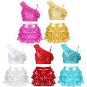 Girls Sequin Dance Clothes Sparkle Hip Hop Jazz Latin Outfit Crop Top and Skirt