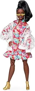 Barbie BMR1959 Fully Poseable Curvy Fashion Doll, Brunette, in Clear Vinyl Bomber Jacket and Floral Hoodie Dress, with Accessories and Doll Stand