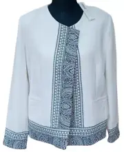NWT Chico's Printed-Border Open Jacket Size 1 (8/10) White w/ Paisley Black Trim