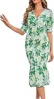 [BerryGo] Women's Elegant Smocked Ruffle Floral Print Bodycon Midi Dress Puff Sleeve Maternity Beach Party Cocktail Pencil Dress for Wedding Guest Green, S, Smocked Floral Print-green, Small