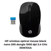HP wireless optical mouse black nano 200 dongle 1000 dpi 2.4 GHz X6W31AA