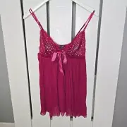 Victorias Secret Teddy Lingerie Rhinestone Mesh Red Sheer Cami Medium Velvet Bow