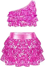 [Rswnyirn] Kids Girls Sequins Tiered Ruffle Crop Top One Shoulder Vest With Skirted Shorts Hip Hop Latin Jazz Dance Outfit