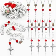 [Quelay] 12 Pcs Our Lady of Guadalupe Pearly Rosary Beads Catholic Virgen De Guadalupe Pearly Rosary with Red White Rose Christening Memorial Gift Virgin Mary Necklace Catholic Gifts for Guests