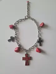 Silver Finish Metal Chain Boot Western Shoe Bracelet With Red Stone Cross