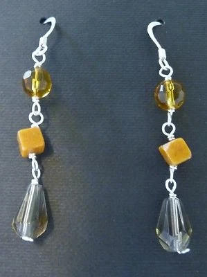 Citrine/Smoky Quartz Bead Dangle Earrings, Sterling Citrine/Quartz Bead Earrings