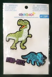 Dinosaur (Dino-Mite) 3pc Embroidery Sticker Set w/ Sequins Creatology New