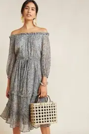 Anthropologie NEW Kira Off Shoulder Blue Peasant Dress Drawstring Waist Plus 22W