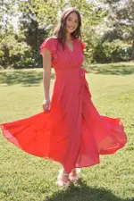 Women's Cocktail Wynter Maxi Dress Cap Sleeve in Pink Fuchsia Chiffon 8