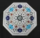 12 Inches Marble Study Table Multi Precious Stone Inlay Work Coffee Table Top