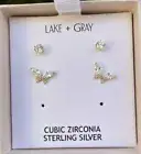 Lake + Gray 2 Piece Earrings Studs Cubic Zirconia Sterling Silver Gold NEW