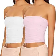 [Pafnny] Satin Tube Tops for Women Stretchy Summer Strapless Tops Ruched Double Layer Going Out Tops 2 Packs