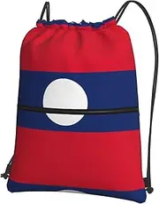 EdWal Flag Of Laos Print Drawstring Backpack Gym Bags Sports Bags With Zipper Pocket For Travel Swimming Beach, Black, One Size