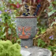 Sanxingdui Style Bronze Face Planters for Indoor Plants, 6 Inch Resin Unique