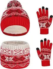[Waylipun] Children's Winter Hat Scarf Gloves Set, 3-in-1 Warm Winter Knitted Hat Children's Hat Set with Plush Lining for 2-7 Years Children Boys Girls
