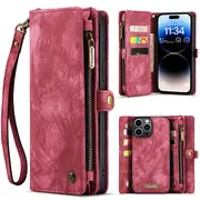 CaseMe For Apple iPhone 14 Pro Max Zipper & Detachable Retro Leather Pouch Wallet Flip Purse Bag Detachable Phone Case Cover (Red)