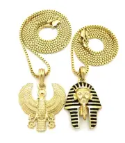 Hip Hop Iced Egyptian Pharaoh Horus Bird Pendant & 20", 24" Box Chain 2 Necklace