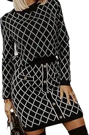 [TAOVK] Women's 2 Piece Sweater Skirt Set Lattice Knit Sweater Skirt And Pullover Top Sets